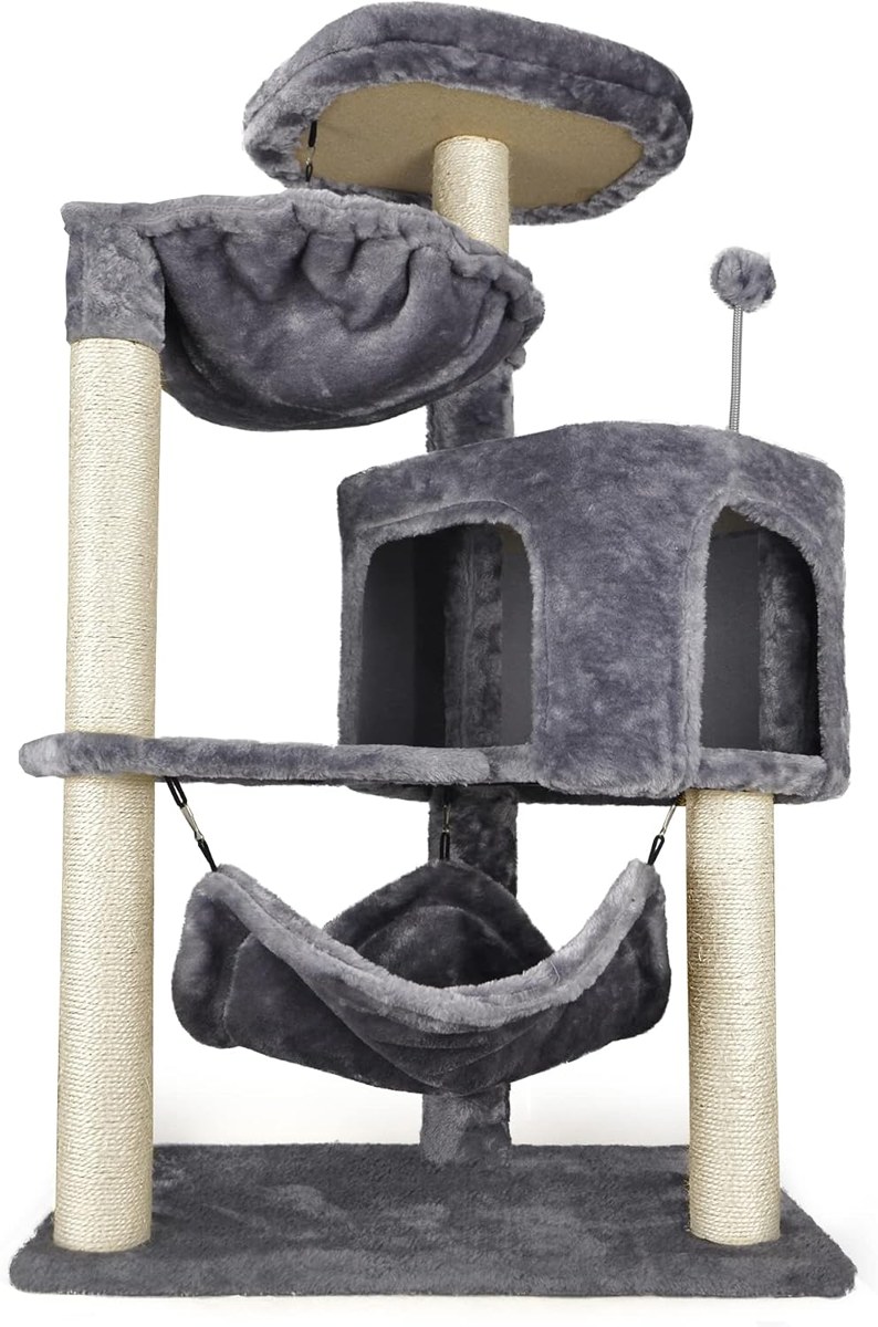 A cat tree with hammock, condo and perch in one tower