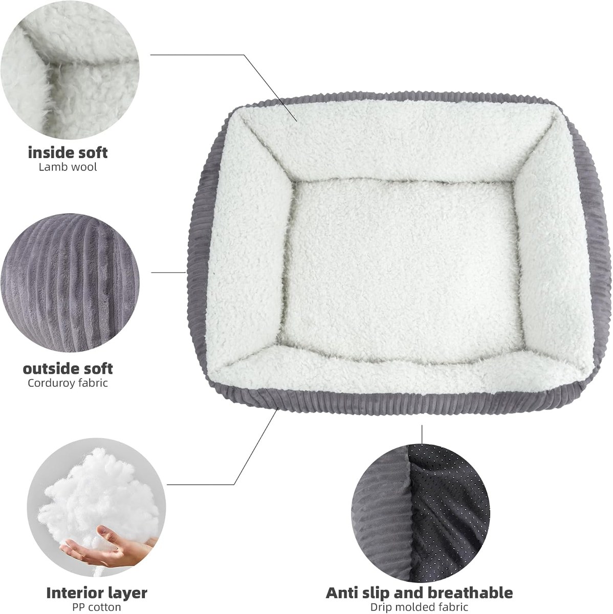 YUNIQUE Plush Corduroy Dog Bed with Anti-Slip Bottom detail