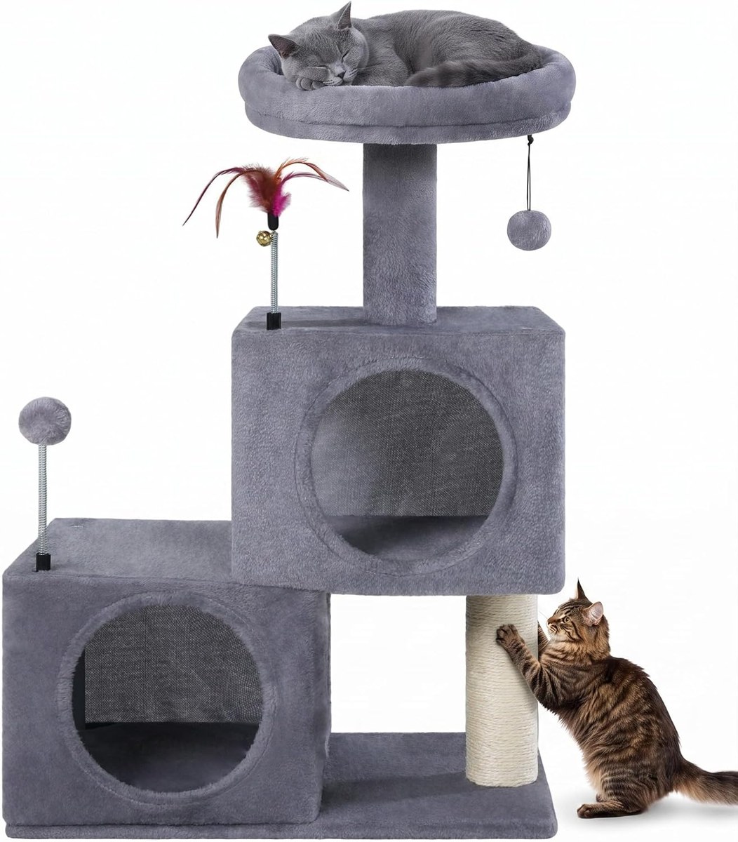 YUNIQUE Small Cat Tree for Indoor Cats with Open Condos